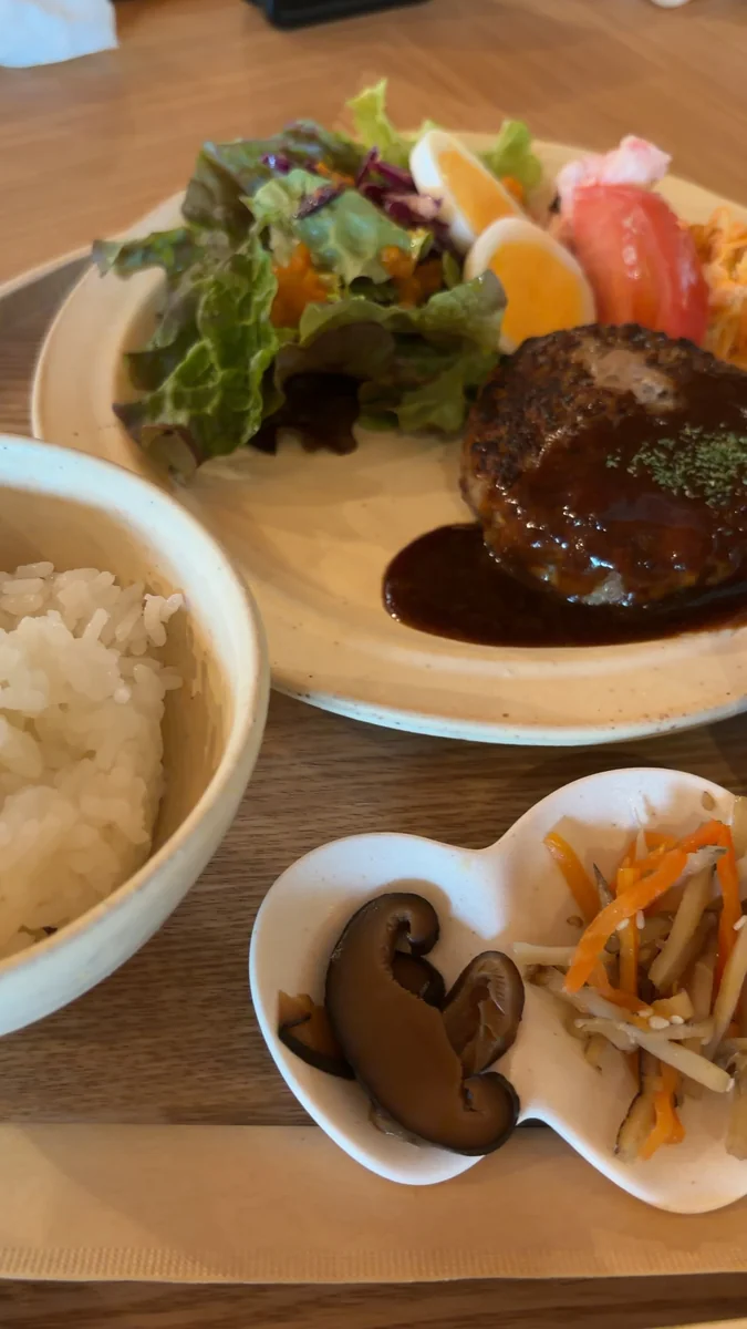 Aランチの至福のハンバーグ(左)/Cランチの白味噌の鶏から(右)