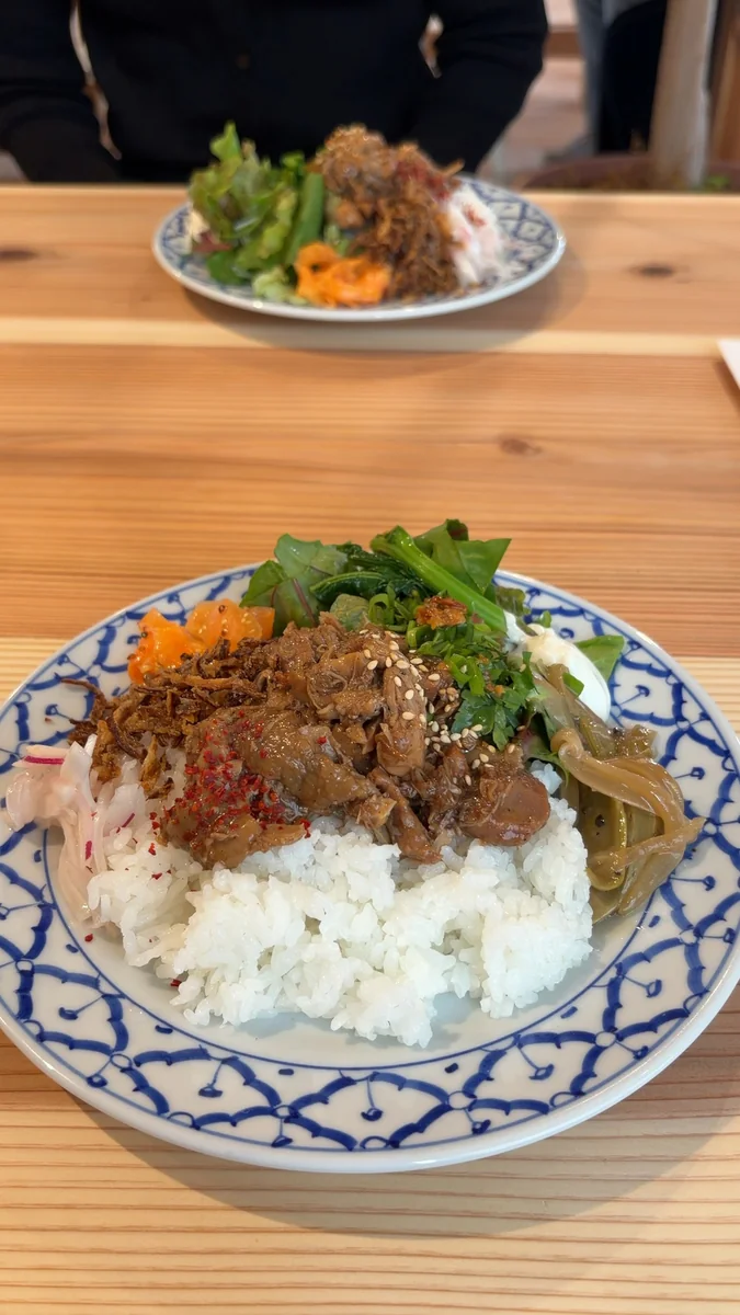 チキンルーローのワンプレート。ごはん、鶏の煮込み、生野菜、副菜が1枚のお皿に盛られています(左)/別の角度から(右)