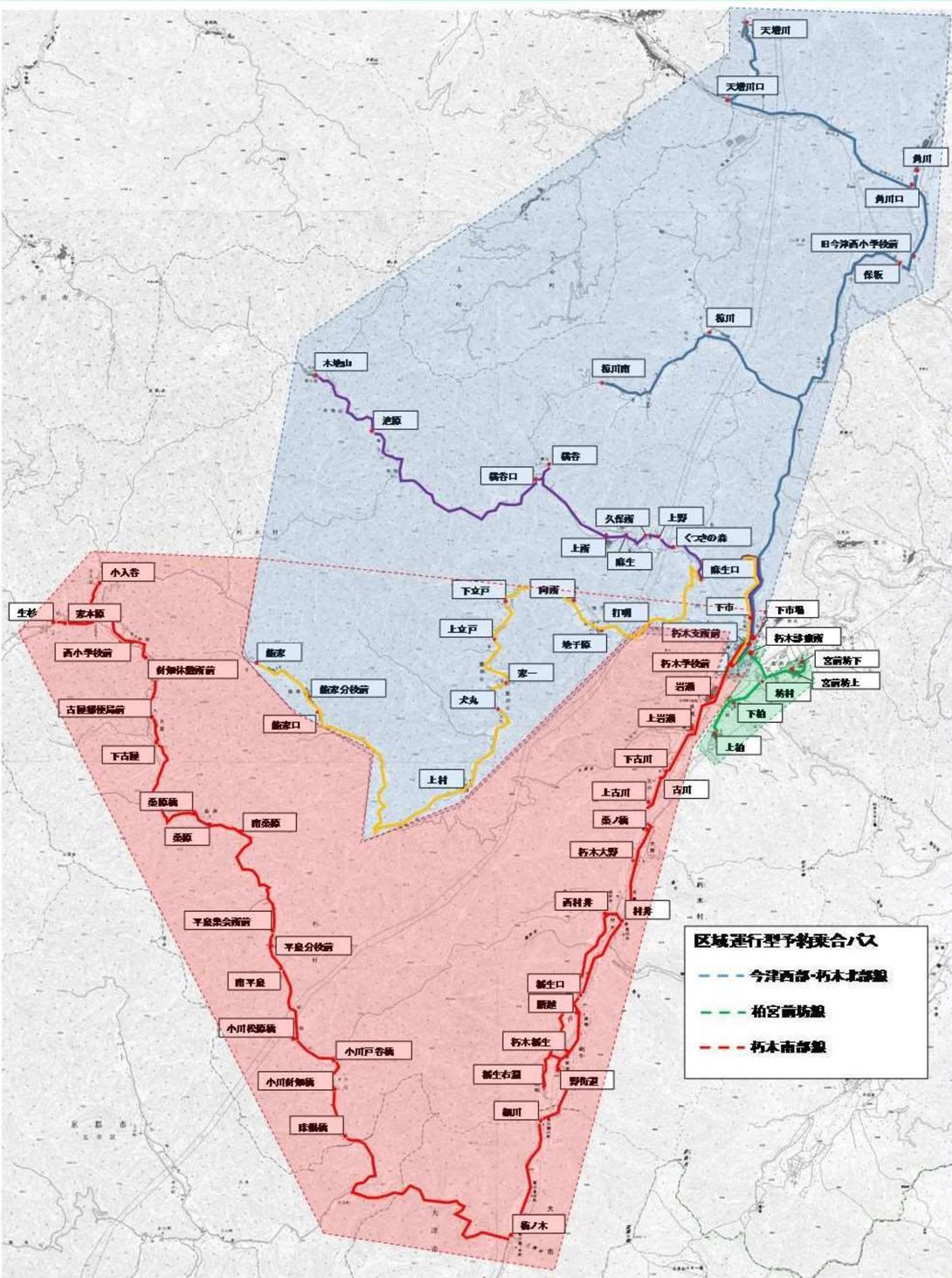 朽木の市営バス路線図。赤が朽木南部線、青が今津西部・朽木北部線、緑が柏宮前坊線のエリア